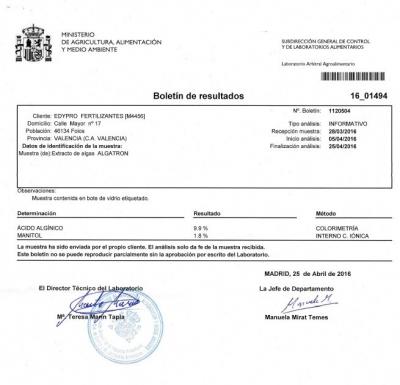 Resultados analitica ALGATRON