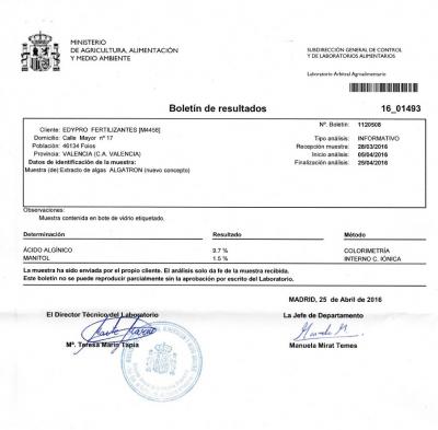 Resultados analitica ALGATRON