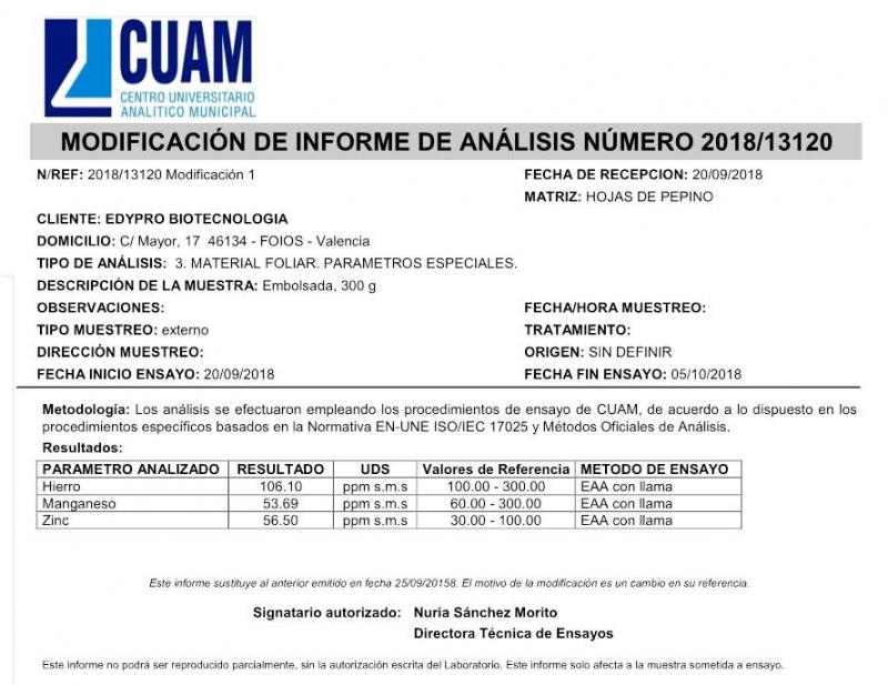 Análsisi foliar antes de aplicar ZIMA MAX FIERRO