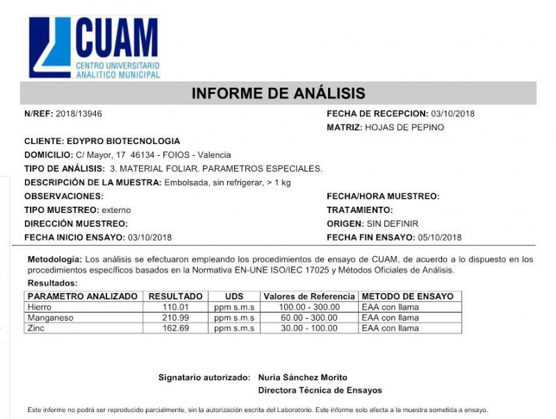 Análisis foliar después de aplicar ZIMA MAX FIERRO